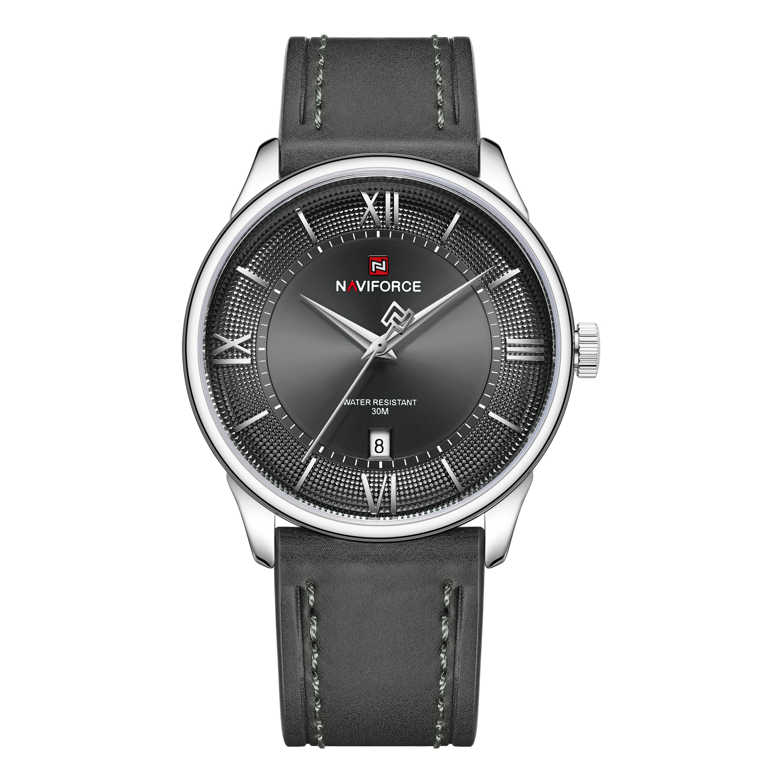 ساعت مچی مردانه نیوی فورس naviforce بند چرمی مدل nf9272 خاکستری